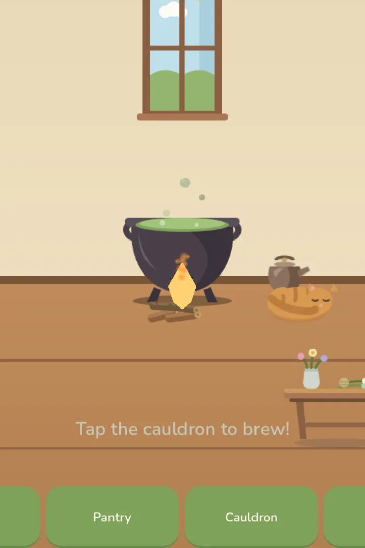 Ancient Potions' cottage: a potion bubbling over a lit hearth, with the kettle and the cat beside it.