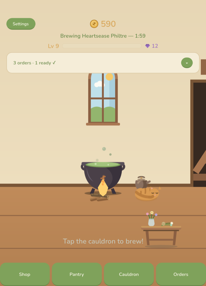Your cottage: a potion bubbling on the lit hearth, the cat asleep beside it, and an order ready