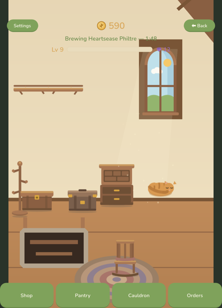 The loft under the rafters, furnished as an attic, the cat in the sunbeam