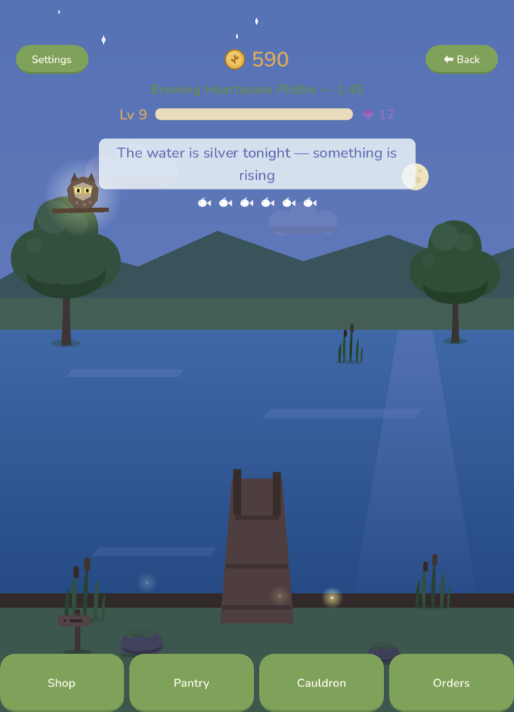 A moonrise at the lake: silver water, fireflies, and an owl in the tree