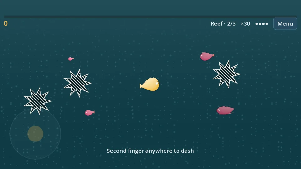 Chompist's coral reef: a gold fish among smaller pink ones, with the hatched stingers that end a run at any size.