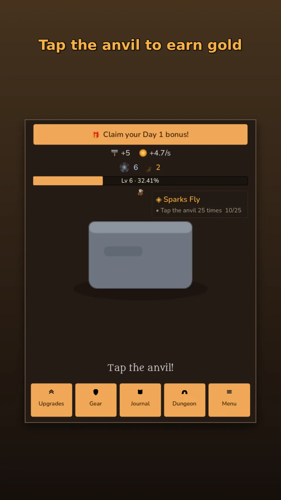 Forge Clicker's anvil screen: gold counters ticking, a quest underway, and buttons for upgrades, gear, and the dungeon.