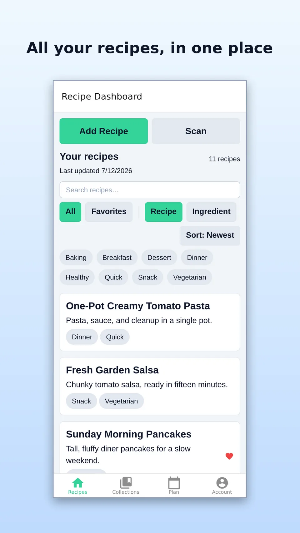 Sharecipe's recipe dashboard: your recipes searchable and tagged, with buttons to add or scan a recipe.