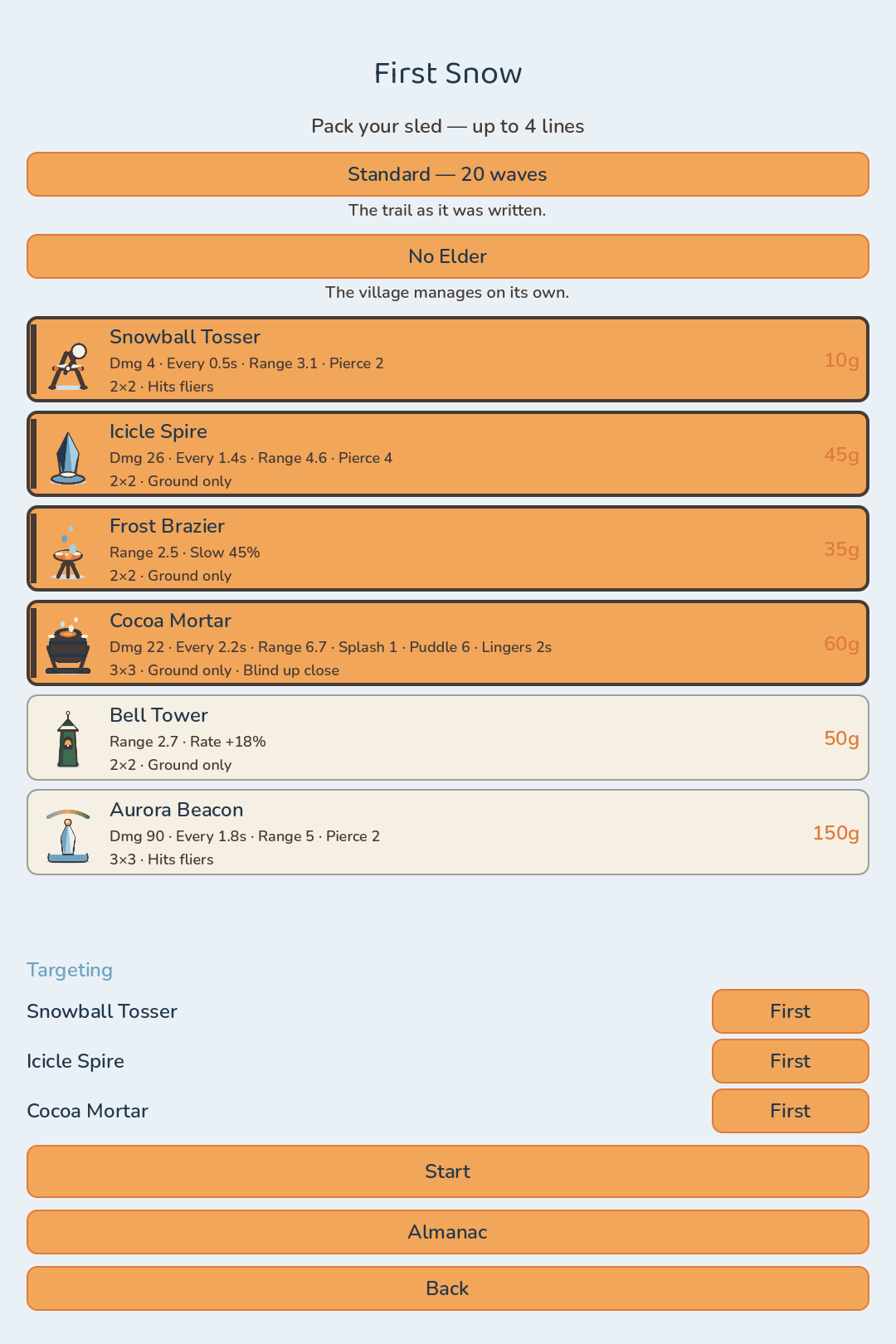 The loadout picker: choose a handful of tower lines before the level
